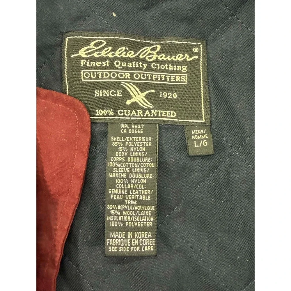 Vintage‎ Eddie Bauer Quilted Barn Jacket Acrylic Trim Leather Collar Red LG